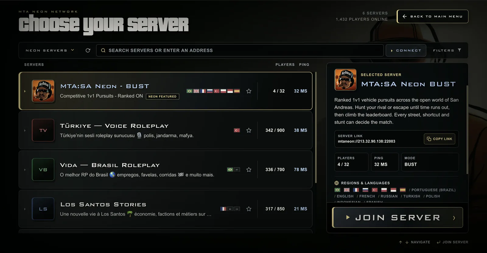 The San Andreas Online server browser