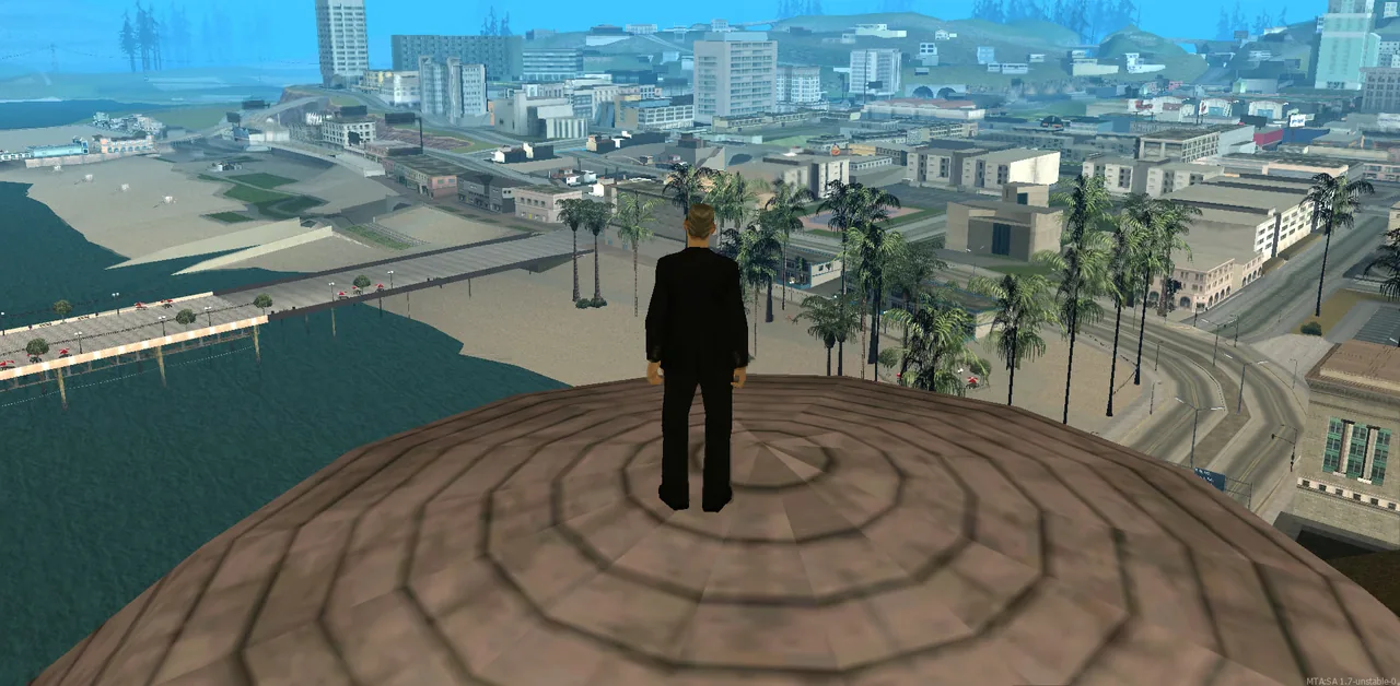 Rooftop view over Los Santos in San Andreas Online with detailed distant buildings