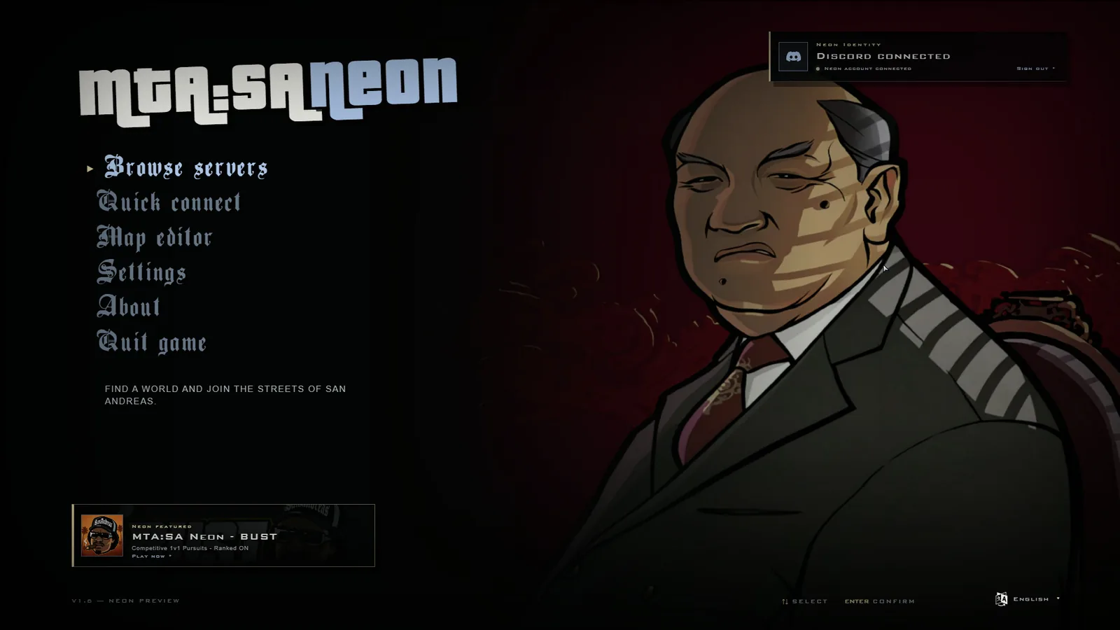 The San Andreas Online main menu in San Andreas style